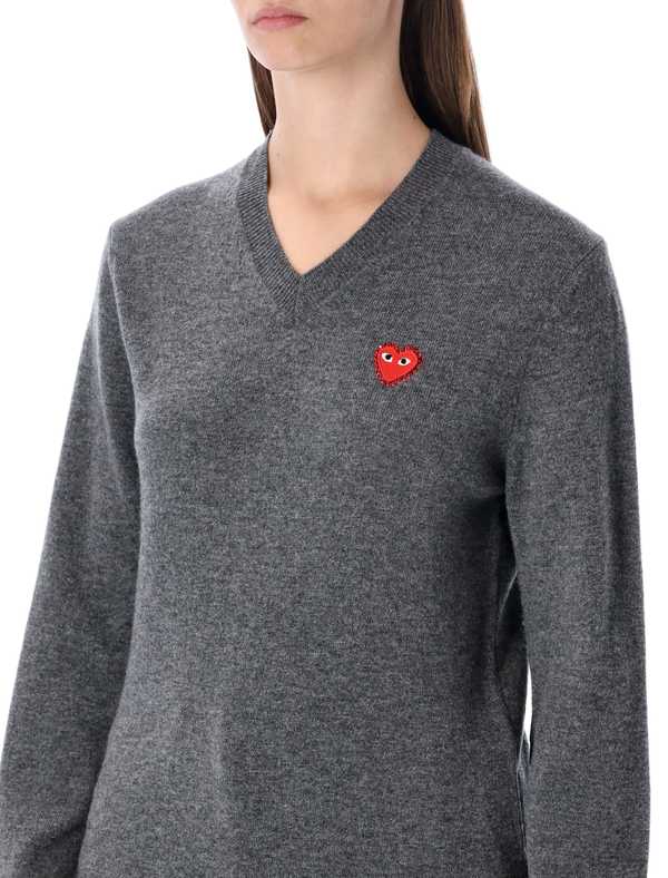 Comme des Garons PLAY Wool V-neck Sweater With Red Heart And Crystals Sweater - Gray