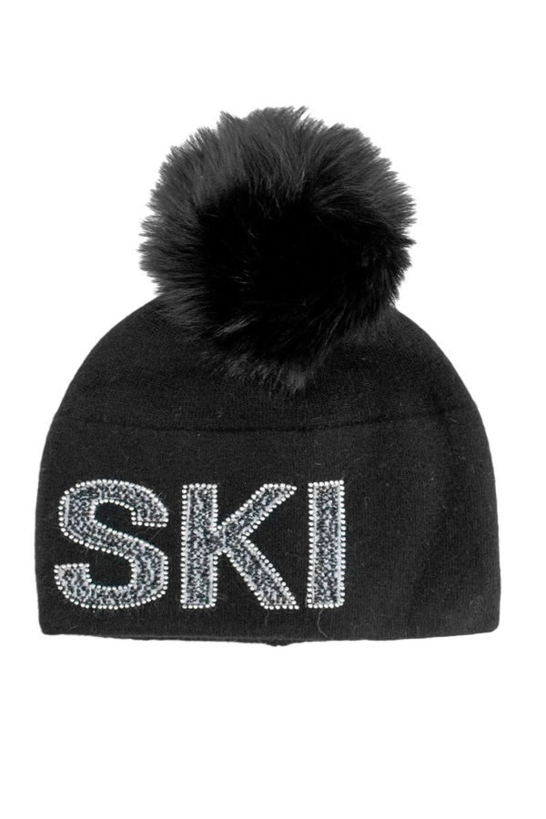 Mitchie's Matchings Collection Knit Ski Beanie with Crystals & Fox Fur Pom Pom - Black