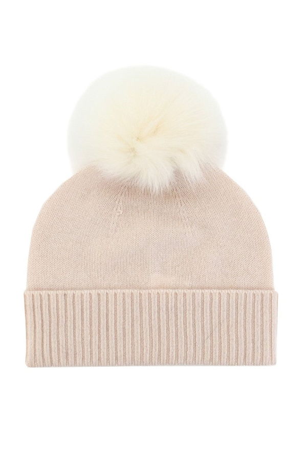 Mitchie's Matchings Collection Cashmere Ivory Beanie with Fox Fur Pom Pom Hat