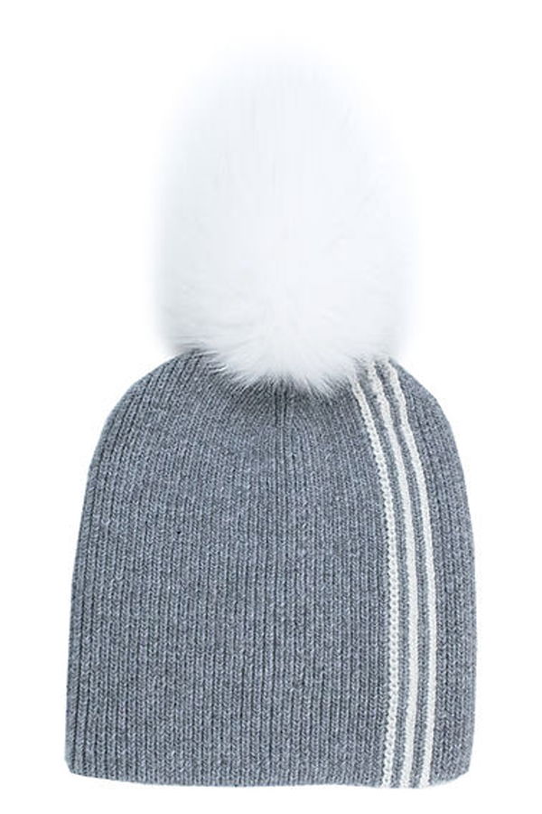 Mitchie's Matchings Collection Beanie with Racer Stripe & Fox Fur Pom Pom - Grey/White