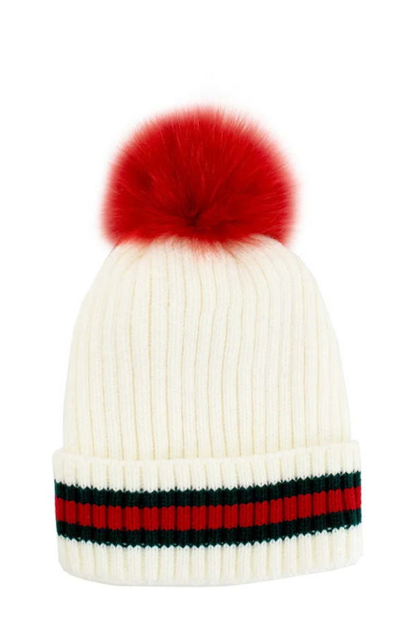 Mitchie's Matchings Collection Knit Beanie with Stripe & Fox Fur Pom Pom Beanie - White