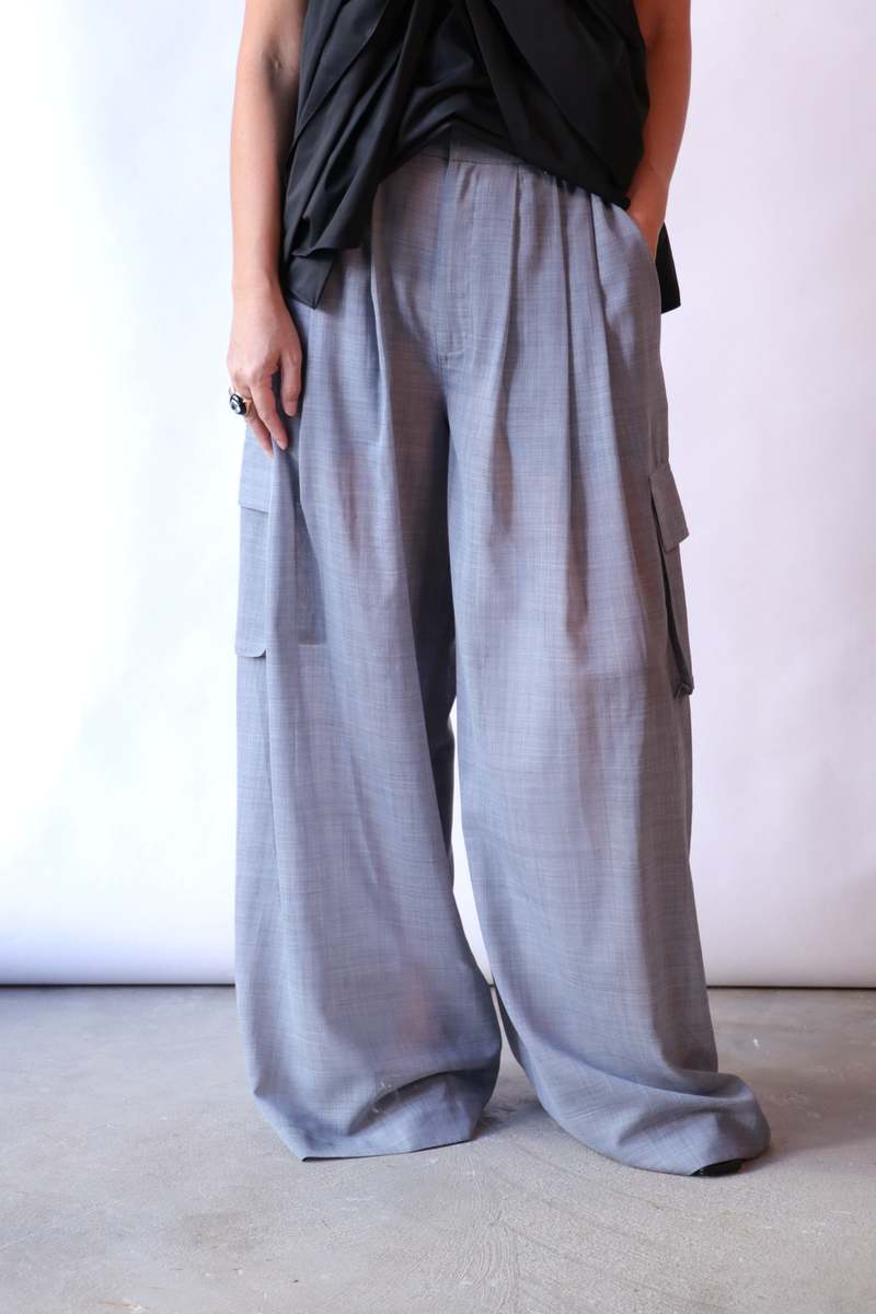 Tibi Sheer Wool Gauze Triple Pleat Pant - Heather Grey