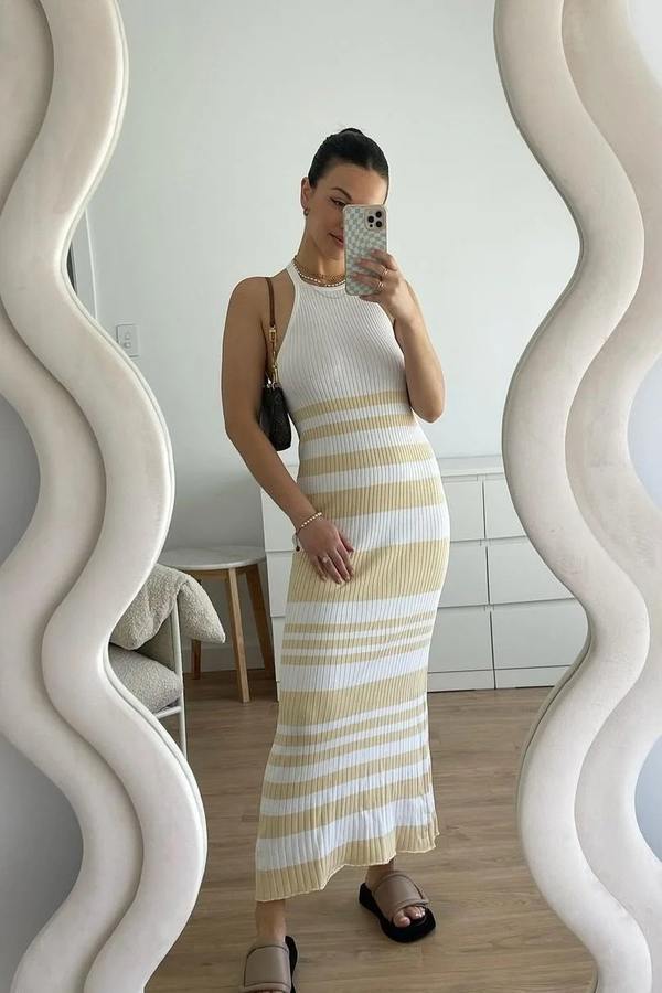 Significant Other Sage Dress - Almond/Cream Stripe
