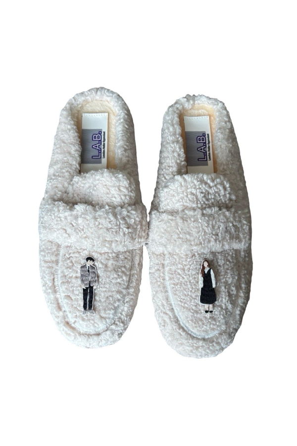 London Atelier Byproduct Shearling Mules with Embroidery Patches - Beige