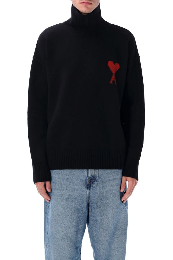 Ami Alexandre Mattiussi Ami Paris Wool Ami De Coeur Turtleneck Sweater - Black Red