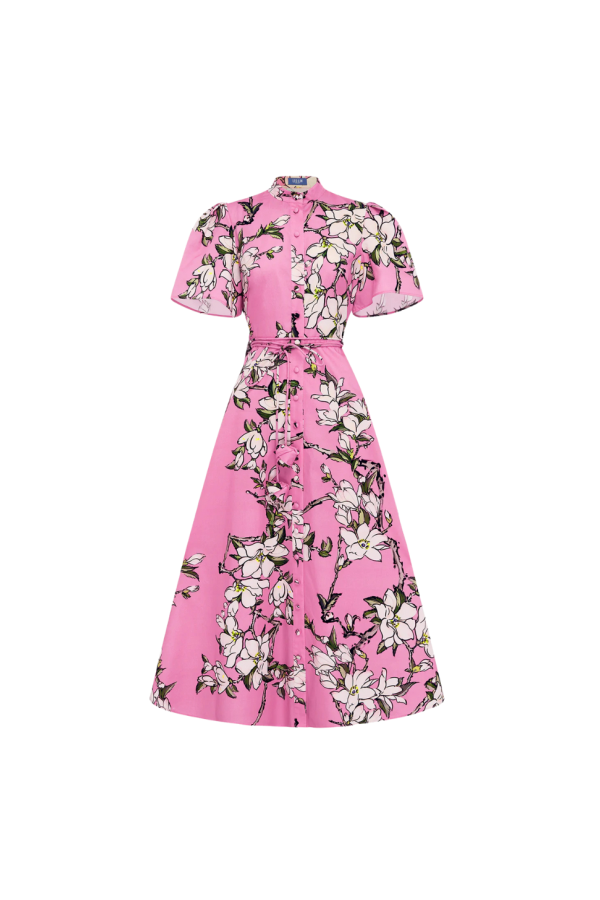 Leo Lin Bianca Short Sleeve Midi Dress - Pink Magnolia Print