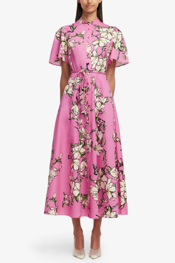 Leo Lin Bianca Short Sleeve Midi Dress - Pink Magnolia Print