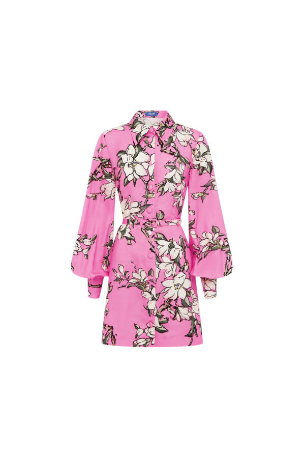 Leo Lin Luminous Linen Mini Dress - Pink Magnolia Print