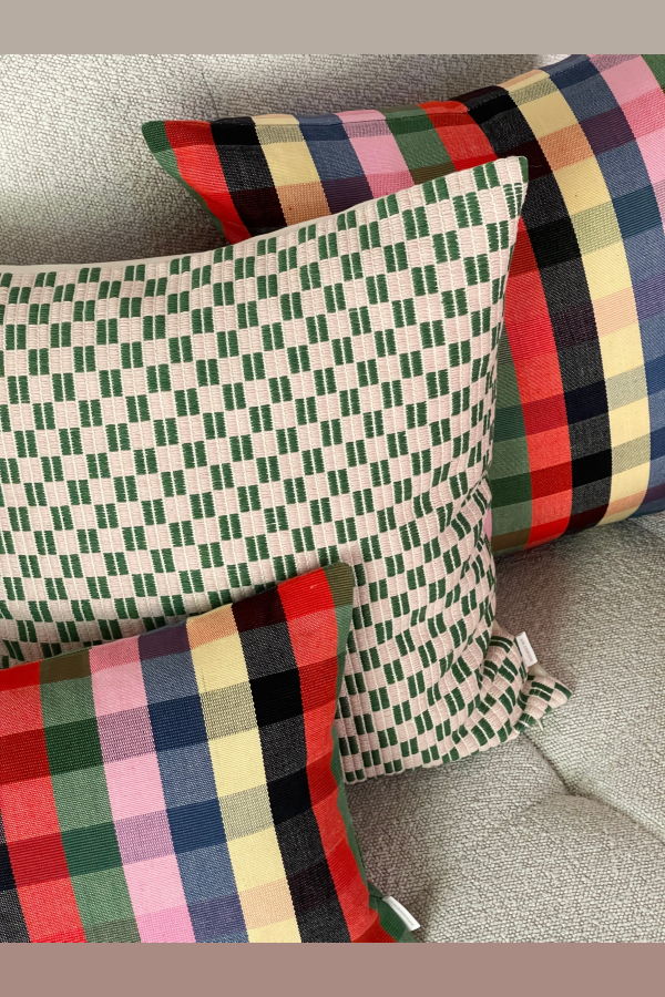 Archive New York Checkered Brocade Pillow - Green/Cream