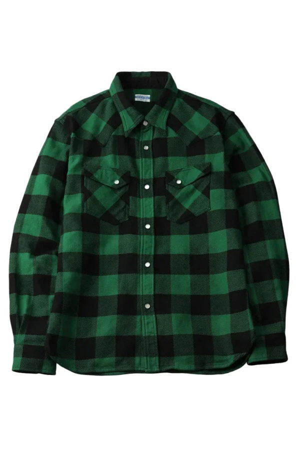 The Flat Head Block Check Western Flannel Shirt [FN-SNW-101L] - Green/Black