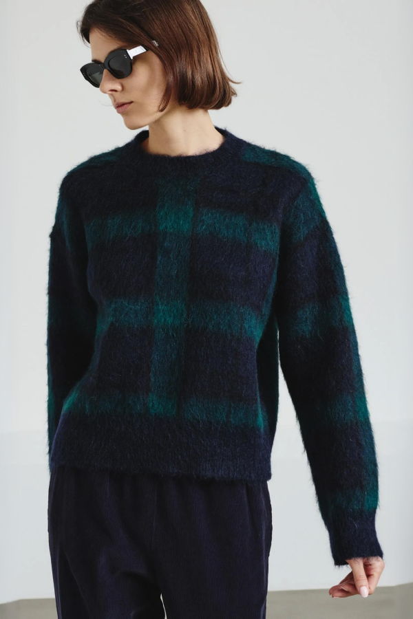 Pomandere Jacquard Crew Neck Sweater - Navy Plaid