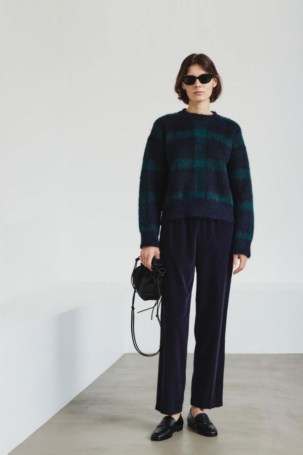 Pomandere Jacquard Crew Neck Sweater - Navy Plaid