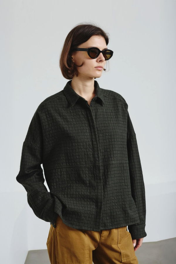 Pomandere Micro Check Shirt - Khaki