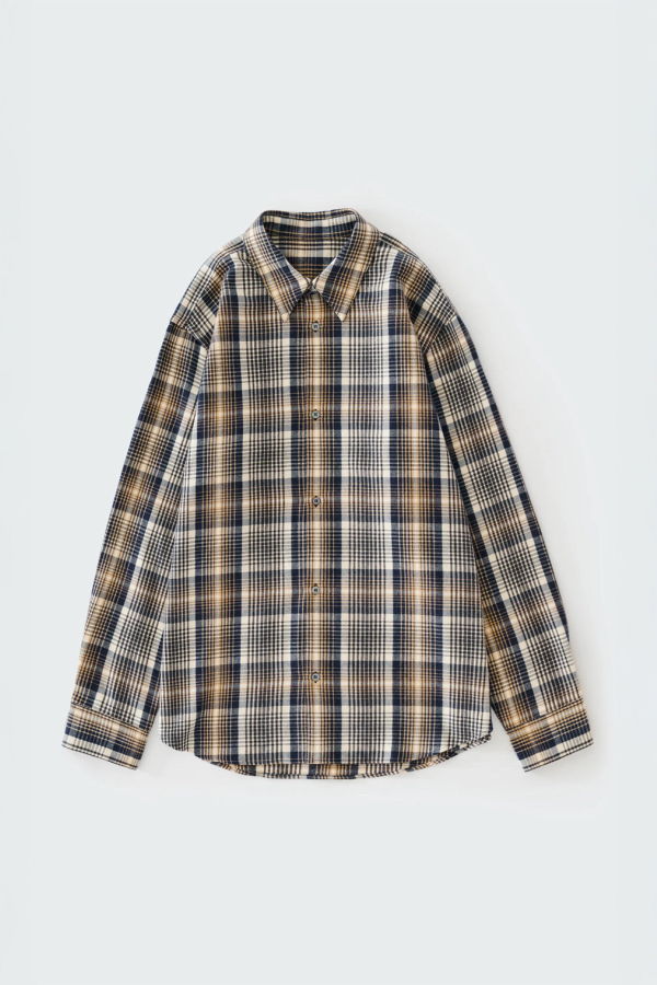 Studio Nicholson View Brushed Check Regular Fit Shirt - Navy/Oatmeal