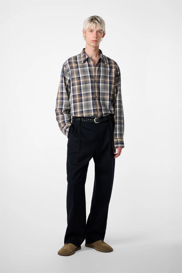 Studio Nicholson View Brushed Check Regular Fit Shirt - Navy/Oatmeal
