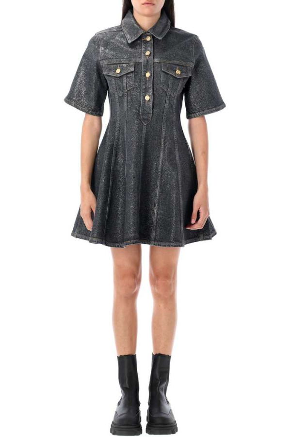 Ganni Shimmery Foil Denim Mini Dress - Washed Black
