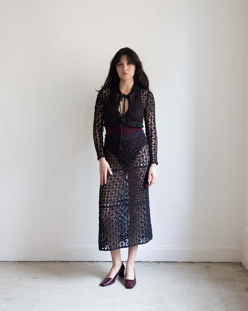 Pari Desai Soha Lace Crochet Midi Skirt - Black/Espresso Metallic