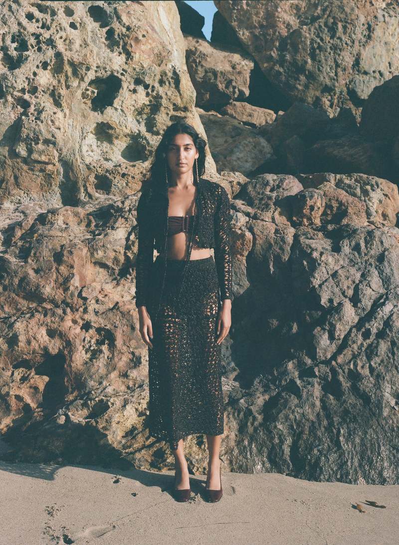 Pari Desai Soha Lace Crochet Midi Skirt - Black/Espresso Metallic