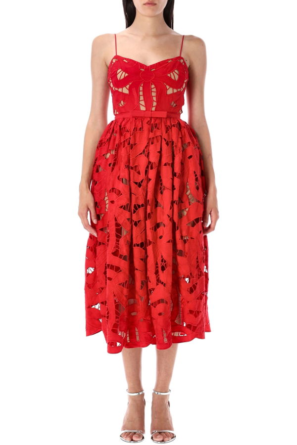 Self-Portrait Bow Embroidered Midi Dress - Red