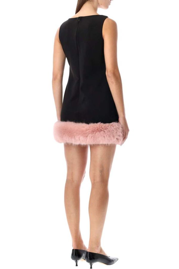 Self-Portrait Back Crepe Mini Dress With Pink Faux Fur Hem - Black