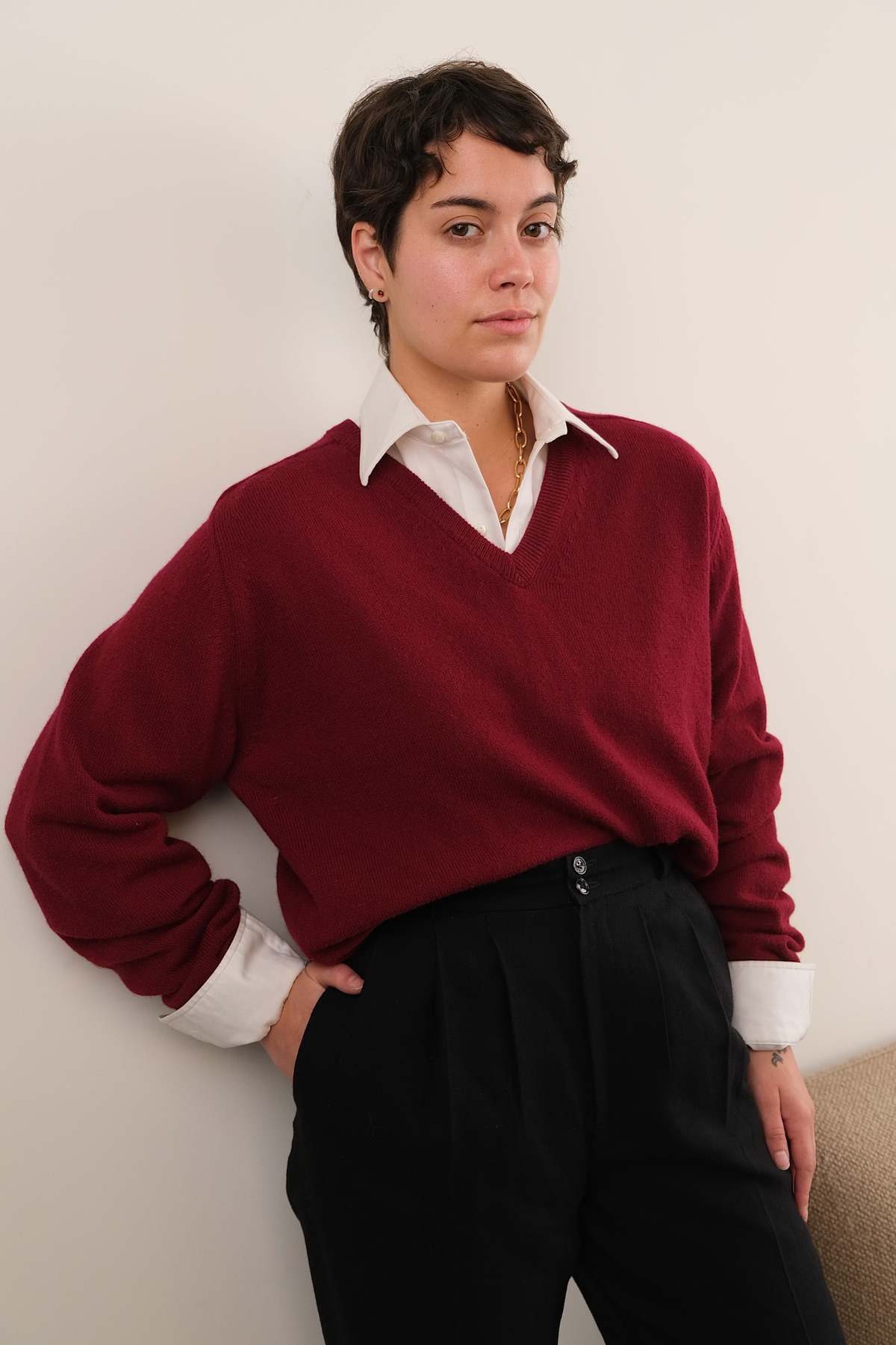 Vintage 80s Wool V-Neck Sweater - Merlot - Image 2 of 4