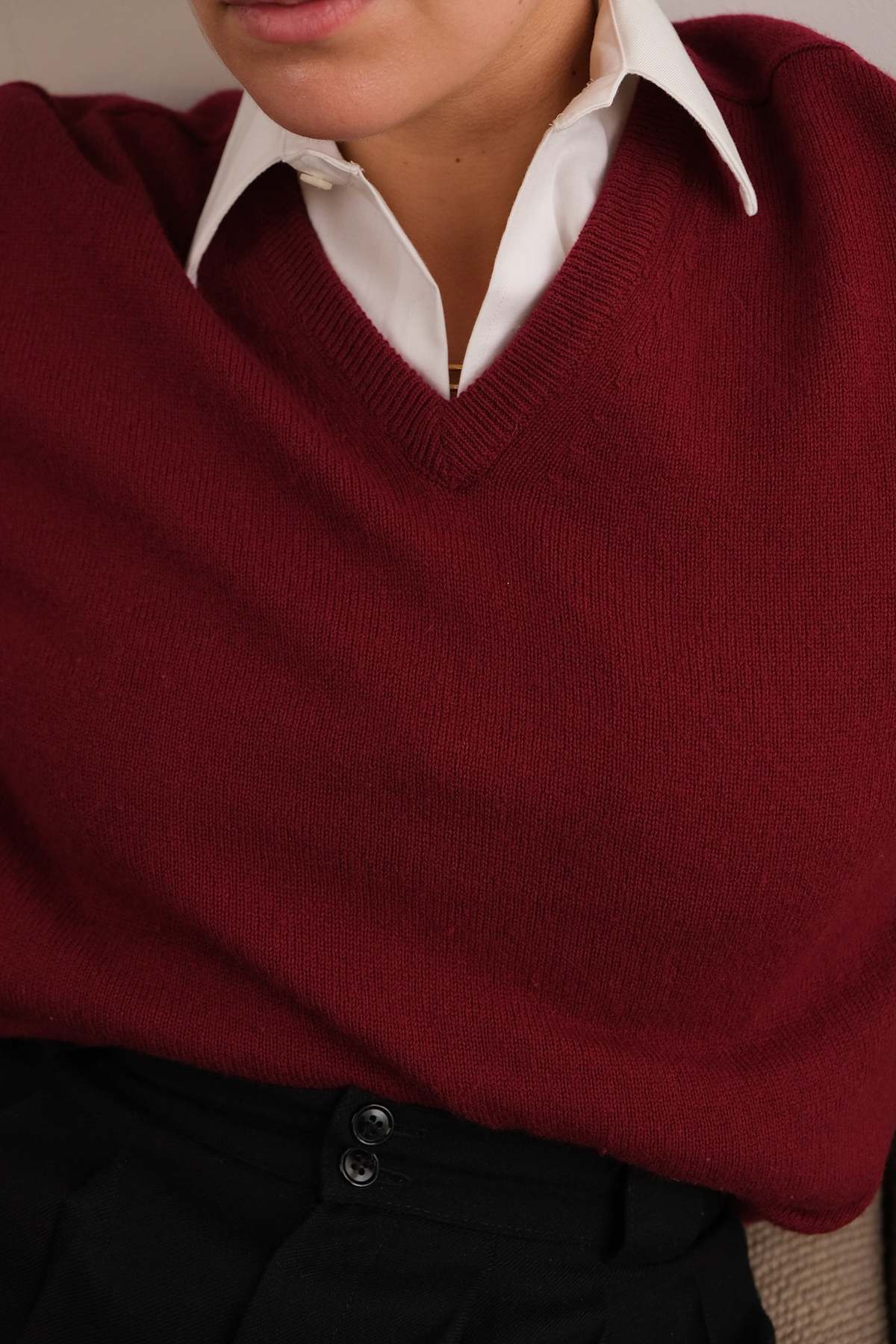Vintage 80s Wool V-Neck Sweater - Merlot - Image 3 of 4
