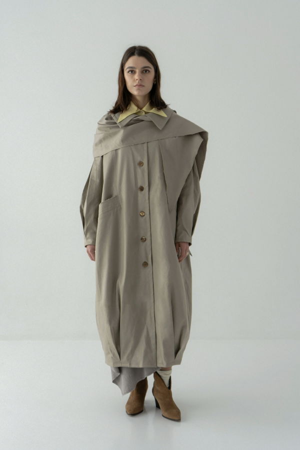 K M by L A N G E Mavka Oversize Cocoon Scarf Coat - Sand