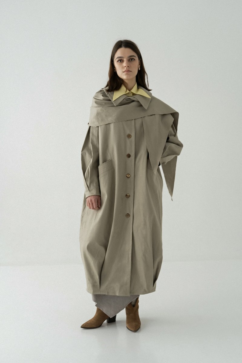 K M by L A N G E Mavka Oversize Cocoon Scarf Coat - Sand