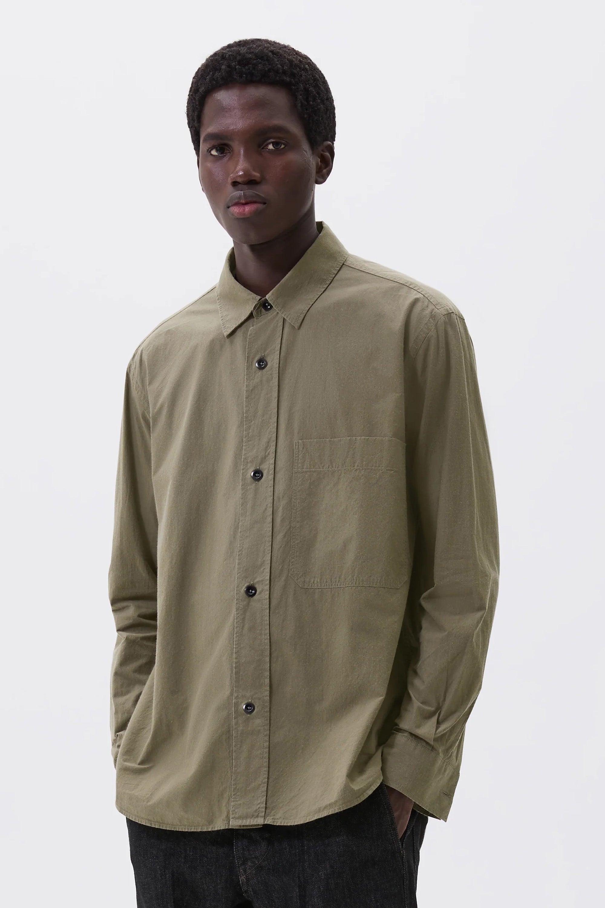 Margaret Howell Basic Shirt Brushed Cotton Chambray Khaki Green
