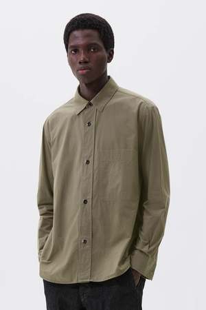 MARGARET HOWELL オーバーサイズシャツ コットンカーキ 半袖シャツ Margaret Howell Basic Shirt Brushed Cotton Chambray Khaki Green