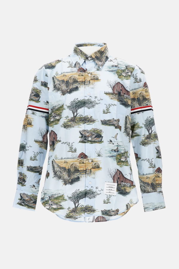 Thom Browne Graphic Straight Fit Shirt W/gg Armband In Scenic Toile Small Cotton Popeline - Clear Blue