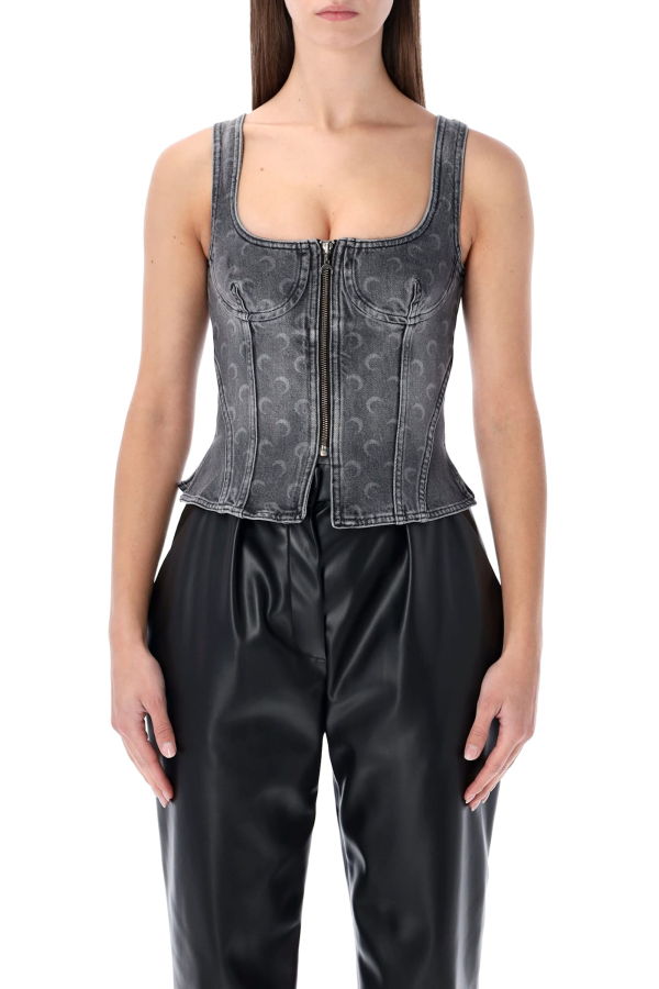 MARINE SERRE Moon Laser Grey Washed Denim Bustier Top - Dark Grey