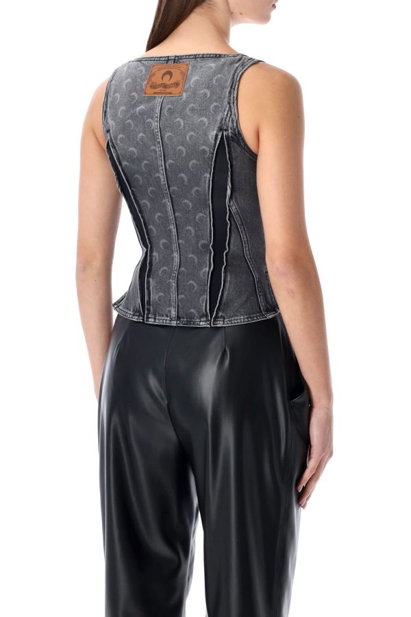 MARINE SERRE Moon Laser Grey Washed Denim Bustier Top - Dark Grey