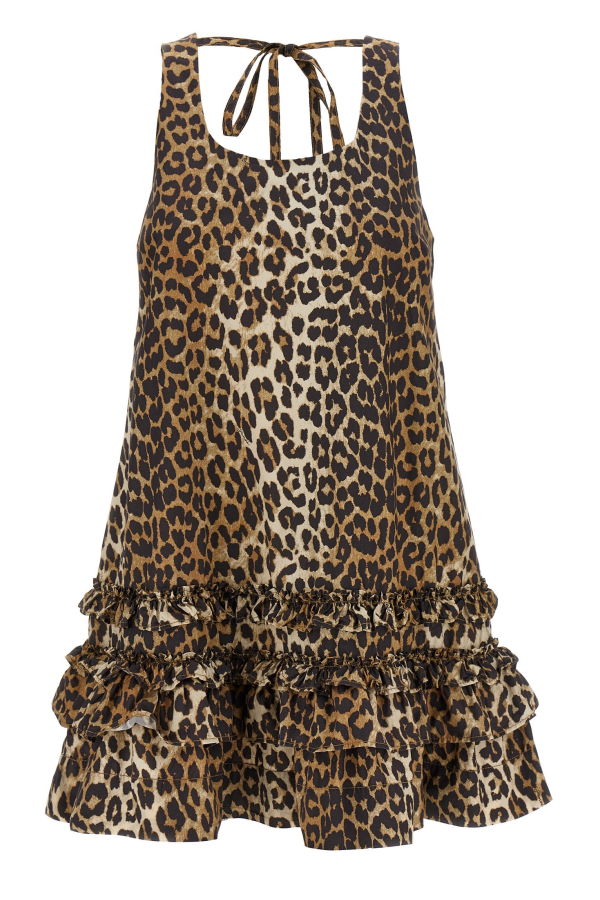 Ganni Leopard Cotton Poplin Mini Dress - Brown