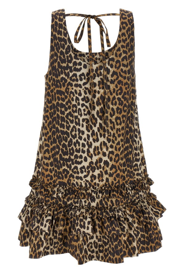 Ganni Leopard Cotton Poplin Mini Dress - Brown