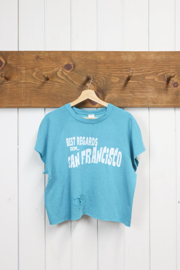 Best Regards - Upcycled Destination Goods San Francisco Cropped Postcard Sweatshirt - Turquoise