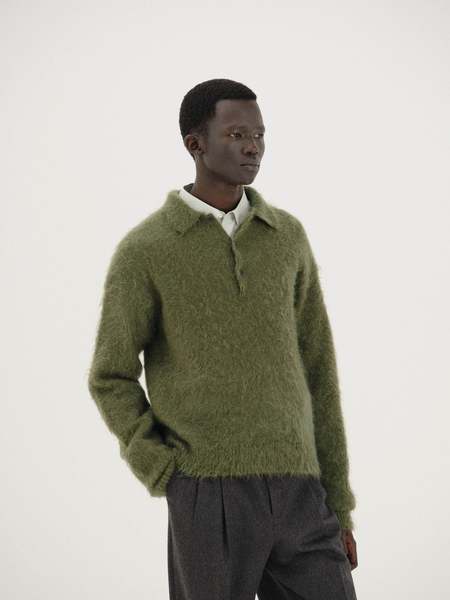 トップス auralee HARD TWIST MERINO KNIT BIG POLO Auralee Hard Twist Merino Knit Big Polo - Black | Garmentory