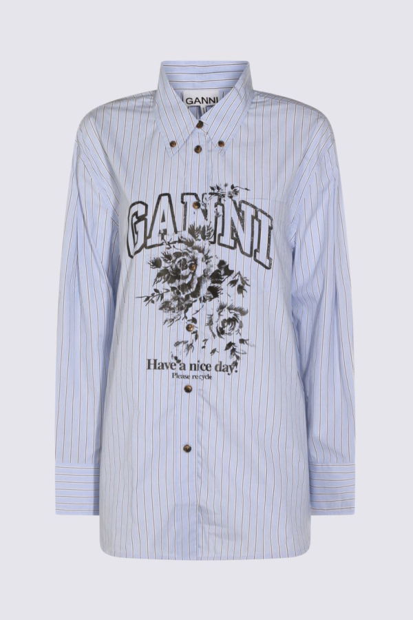 Ganni Light Blue And Black Shirt - Blue