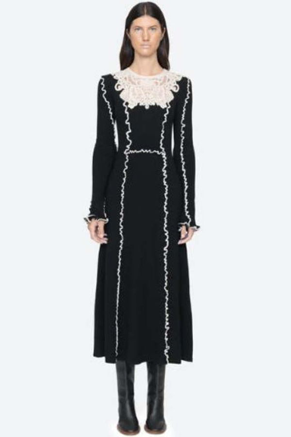 Sea NY Vania Lace Long Sleeve Midi Knit Dress - Black