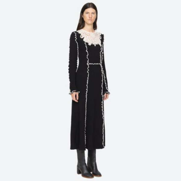 Sea NY Vania Lace Long Sleeve Midi Knit Dress - Black | Garmentory
