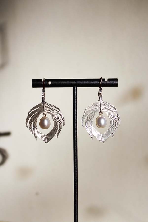Annette Ferdinandsen Small Peacock Feather Earrings with Pearl Earrings