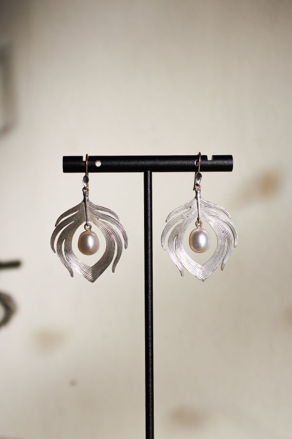 Annette Ferdinandsen Small Peacock Feather Earrings with Pearl Earrings