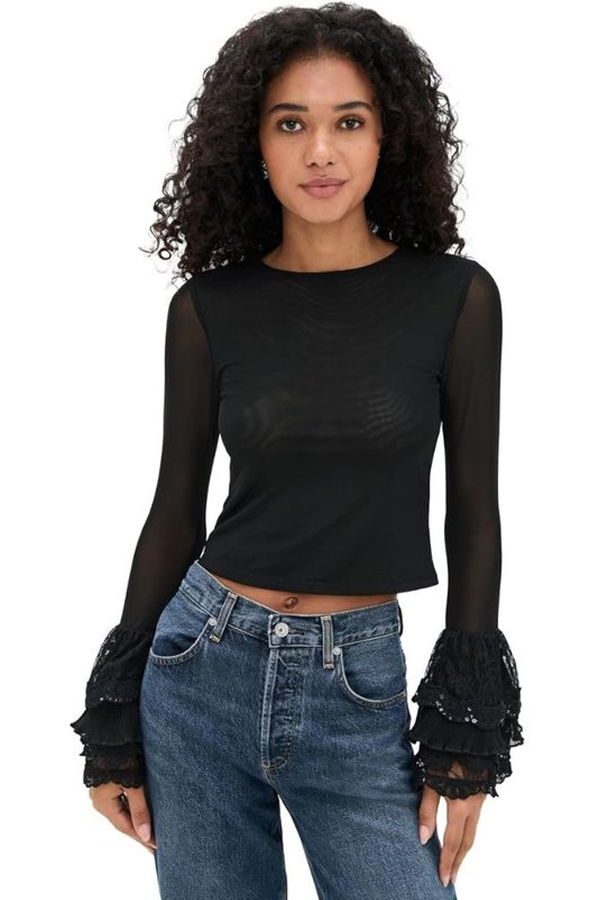 alice + oliva Delaina Long Sleeve Crop Top - Black