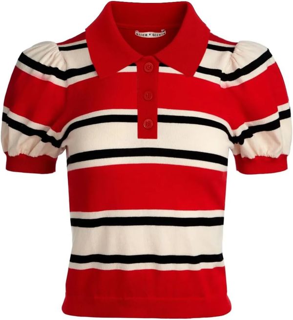 alice + oliva Ramona Puff Sleeve Striped Pullover - Perfect Ruby Multi