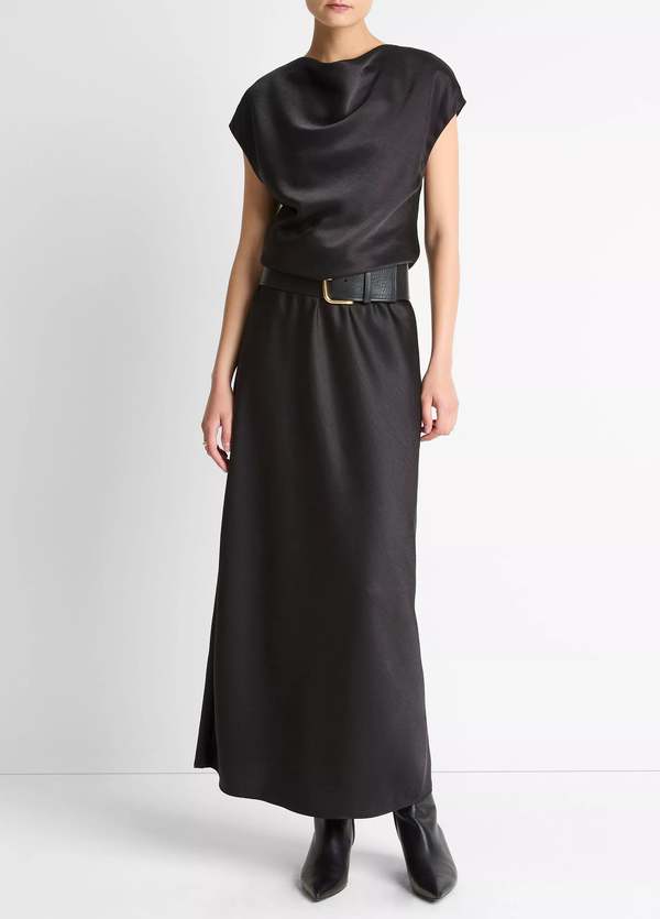 VINCE Draped Satin Cowl-Neck Dress - Black