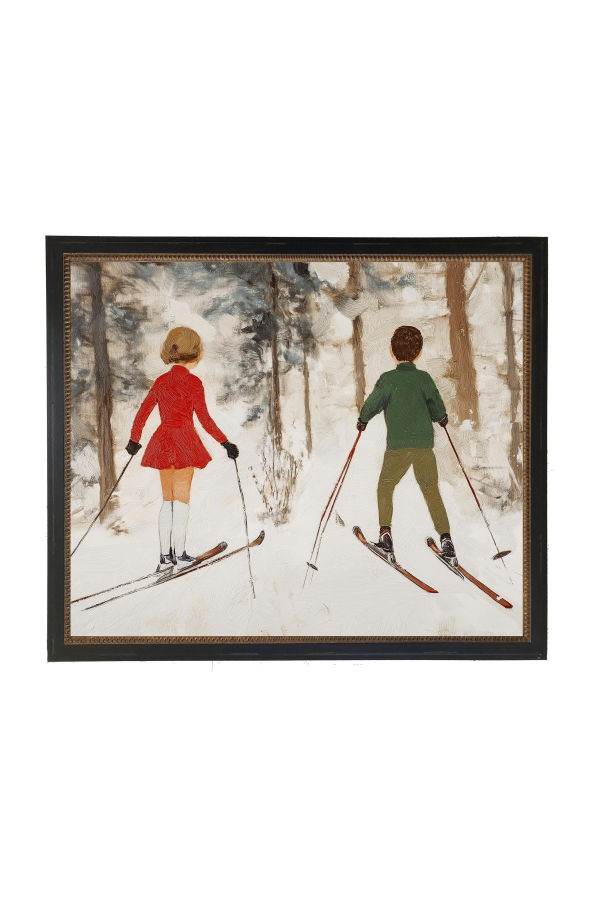 Antique Curiosities Vintage Oil Painting of Boy and Girl Skiing Framed Print
