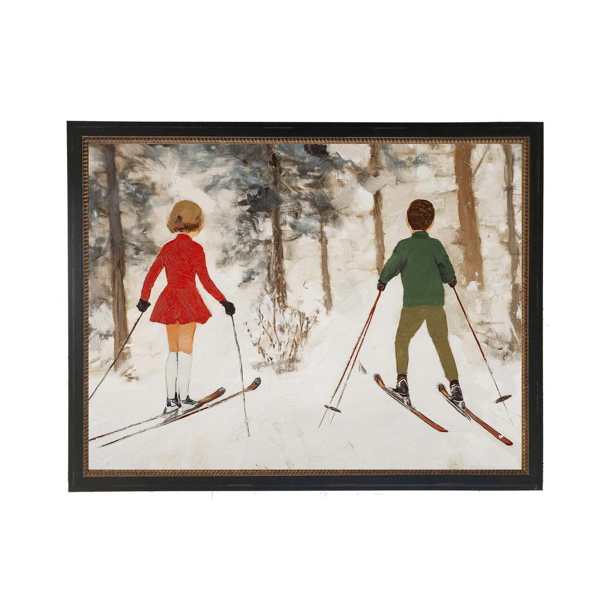 Antique Curiosities Vintage Oil Painting of Boy and Girl Skiing Framed Print - Image 1 of 2