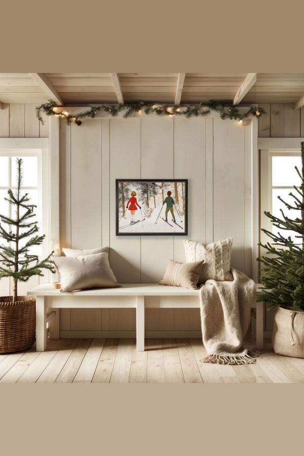 Antique Curiosities Vintage Oil Painting of Boy and Girl Skiing Framed Print