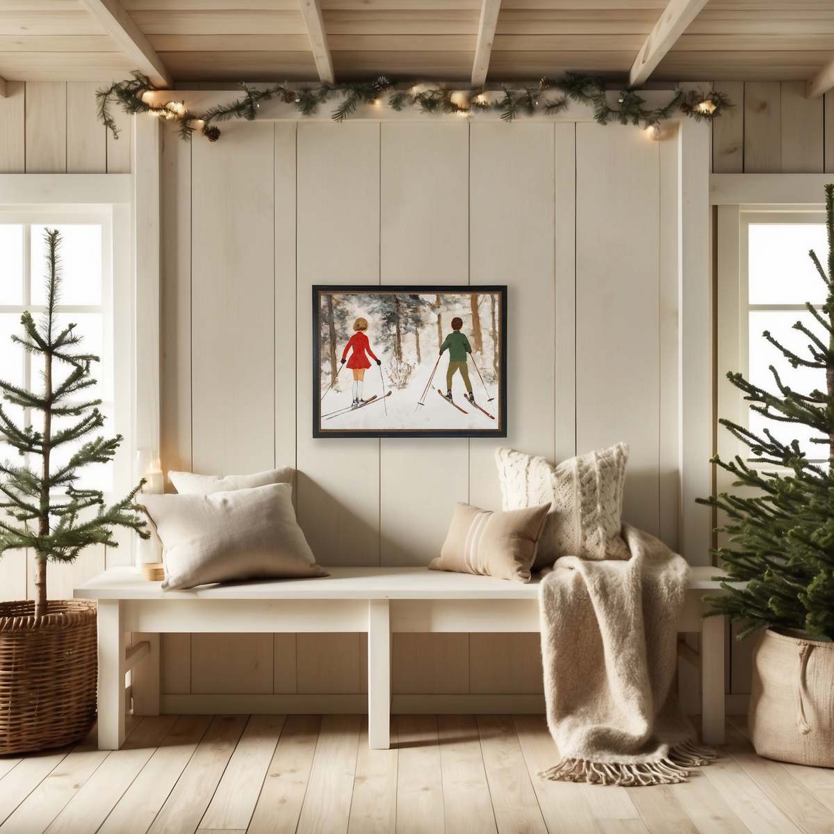 Antique Curiosities Vintage Oil Painting of Boy and Girl Skiing Framed Print - Image 2 of 2