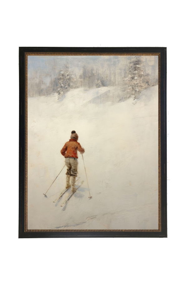 Antique Curiosities Vintage Oil Painting of Boy Skiing Framed Print